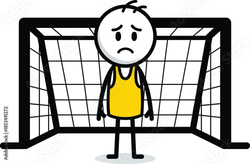 Disappointed stick figure goalie stands in front of an empty soccer net after a game loss