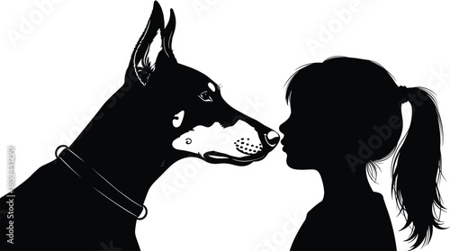 Black silhouette of a Doberman Pinscher and a young girl nose to nose, showing deep friendship, trust, loyalty, and unconditional love between a child and her best dog friend.