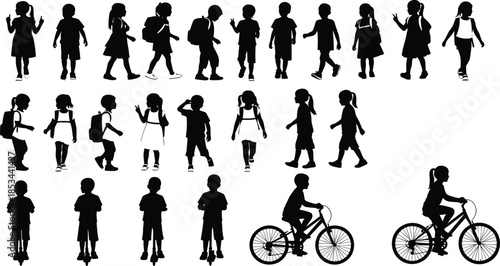 Collection of Diverse Children Silhouettes Depicting Kids Walking, Carrying Backpacks, Riding Scooters, and Bicycles in Various Active Poses
