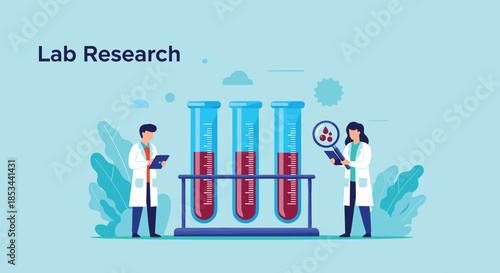 Medical laboratory research concept with scientists analyzing blood samples in test tubes for diagnosis or scientific study.
