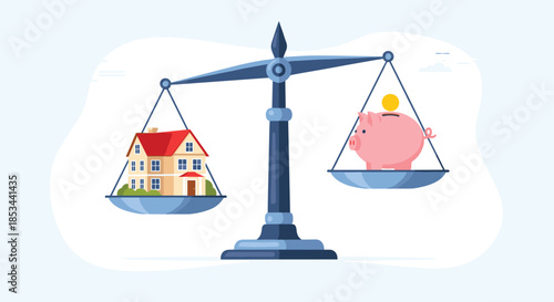 Real estate investment concept with a house and a piggy bank on a balance scale, comparing property and savings value.