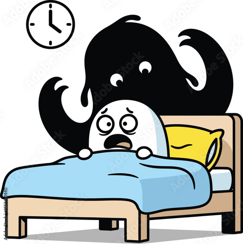 Cartoon illustration of a frightened egg in bed with a shadowy monster looming overhead and a clock showing late night