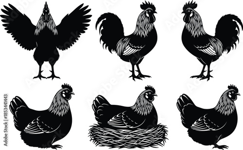 Collection of Chicken Silhouettes Depicting Roosters and Hens Standing, Sitting on a Nest, and Roosters with Wings Spread, Ideal for Farming and Poultry Themes