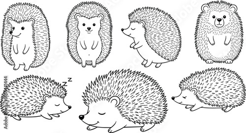 Cute Hedgehogs Black and White Doodle Cartoon Sketch Set in Various Poses Sleeping and Standing Vector Illustration Isolated on White Background.