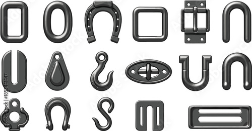 Black steel or metal rigging hardware collection, featuring various shapes like buckles, carabiners, hooks, loops, and horseshoes, isolated on white.