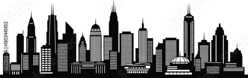 Black vector silhouette illustration of the Chicago city skyline featuring famous skyscrapers, modern towers, and downtown architecture against a white background.