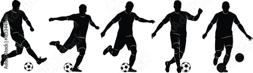 Dynamic Black Silhouette Set of Five Male Football Soccer Players in Various Poses Dribbling and Kicking a Ball for Sport and Team Concept.