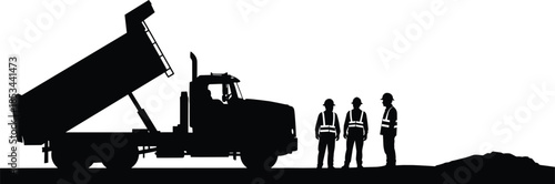 Heavy dump truck silhouette unloading material with three construction workers standing nearby on a job site, isolated on a white background vector.