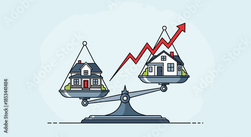 Real estate market growth concept with two houses on an unbalanced scale and a red arrow pointing up, showing rising prices.