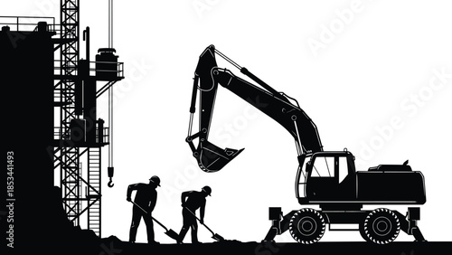 Heavy wheeled excavator machine and two construction workers with shovels silhouette on a large building site with scaffolding, isolated on white.