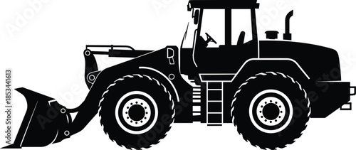 Wheel loader silhouette, heavy construction machinery side view, industrial mining equipment icon, earthmoving bulldozer design, engineering vehicle, cad drawing flat vector illustration.