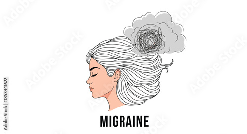 Woman suffering from a migraine, illustrated with a profile view and a tangled chaotic cloud inside her stylized hair.