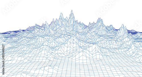 Abstract digital landscape made of blue wireframe grid on a white background, representing virtual reality or cyberspace.