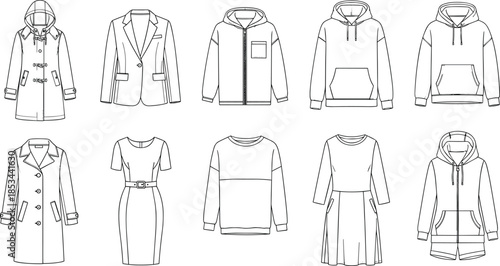 Women's Clothing Technical Drawing Set, Outline Vector of Coats, Hoodies, Blazer, and Dresses, Fashion Design Flat Sketch Collection