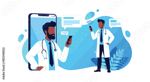 Telemedicine concept with a Black male doctor providing online consultation via smartphone, communicating with a patient.