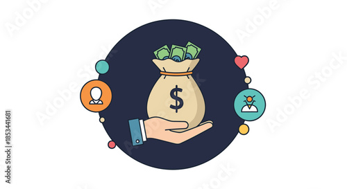 Financial services concept illustrated by a hand holding a money bag surrounded by user, heart, and business icons.