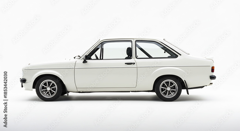 Fototapeta premium Bright studio lights perfectly highlight the sleek profile of a pristine white vintage rally inspired coupe. AI Generated