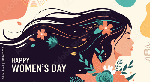 Happy Women's Day illustration with a beautiful woman in profile, her long flowing hair decorated with flowers and leaves.