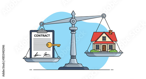 Real estate contract agreement concept, showing a signed contract and a house balanced on a scale of justice or value.