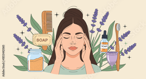 Zero waste and natural self-care concept with a woman surrounded by eco-friendly beauty and hygiene products like soap.