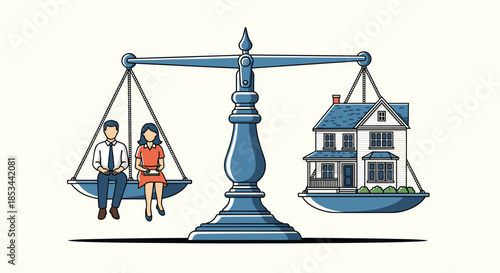 Work-life and housing balance concept, with a couple on one side of a scale and a large house on the other side.