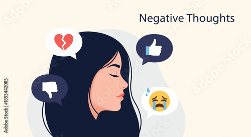Negative thoughts concept illustrated by a woman's profile with social media icons like broken heart and thumbs down.