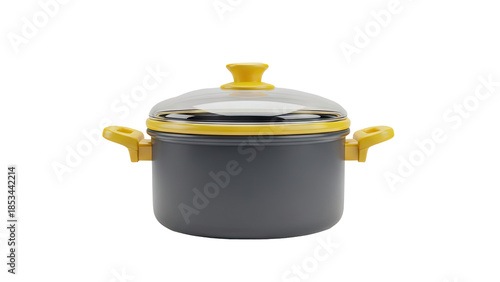 Modern Gray Pot with Yellow Handles and Glass Lid