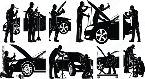 Car mechanics repairing vehicles, silhouette workers fixing engines, car maintenance and repair service tools, auto body shop isolated icons