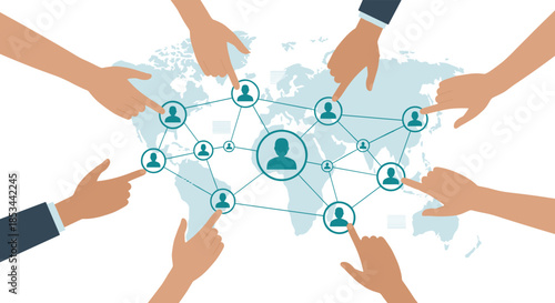 Global business network and social media connection concept with many hands pointing to a network of people on a world map.