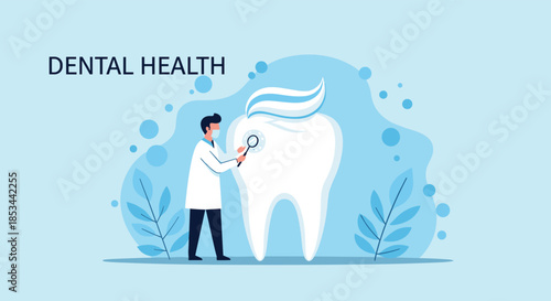 Dental health and care concept with a tiny dentist character in a lab coat examining a large tooth with a tool.