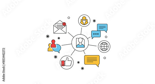 Social media and digital communication concept with a central user icon connected to various network and media icons.