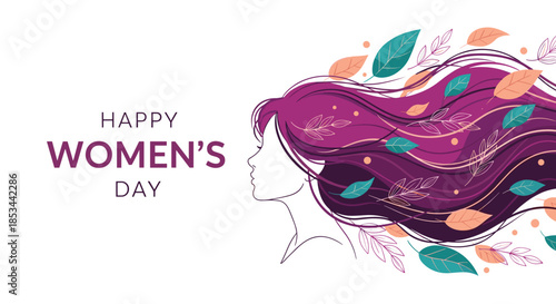 Happy Women's Day greeting card featuring a beautiful woman's profile with long purple hair decorated with floating leaves.