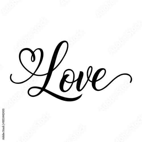 Beautiful black love word with heart on white background