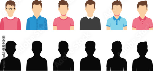 Male avatar set with colored and silhouette styles showcasing diverse hairstyles, fashion, and facial features for profile selection.