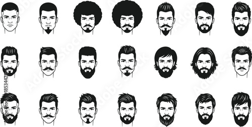 male, face, hairstyle, beard, grooming, silhouette, black, white, illustration, character, design, avatar, haircut, profile, trendy, modern, style, icon, fashion, vector