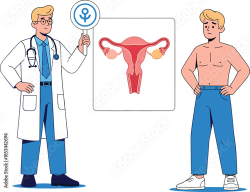 Male Gynecologist or Urologist Consulting Male Patient with Uterus and Ovaries Illustration.
