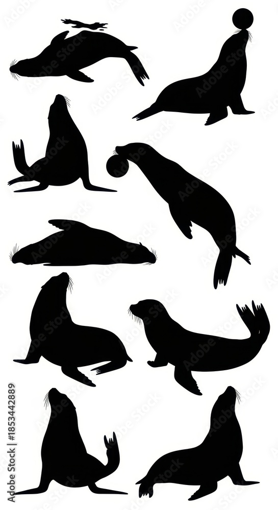 Fototapeta premium Sea lion silhouettes showcasing diverse poses capturing marine animal behavior for graphics