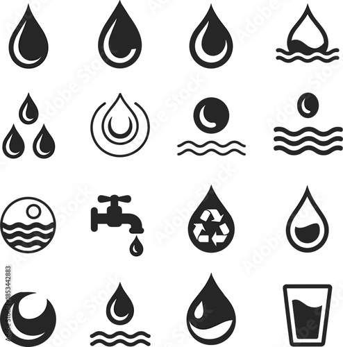 Water Droplet and Wave Icons Set Keywords: water, droplet, drop, wave, liquid, fluid, wet, rain