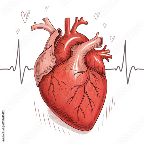 Human Heart Anatomy & ECG Rhythm: Medical Healthcare Cardiology Concept for Wellness & Biology on transparent background