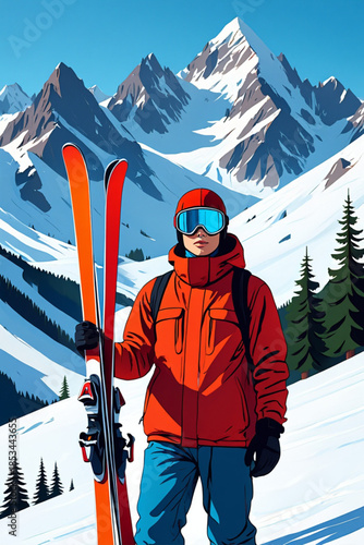 A confident skier ready to conquer the slopes with gear in hand under a clear blue sky