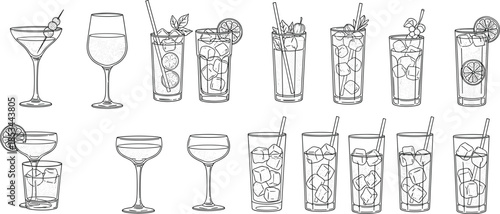 Cocktail glass illustration, drinkware line art, wine glass sketch, martini outline, bar menu design, beverage vector, mixology drawing, alcohol template