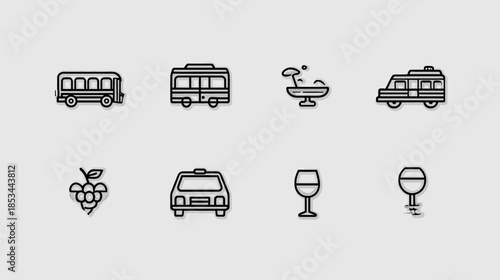 Vector line icons set: Transportation, travel, food, and drink symbols for web, mobile apps, vacation, and graphic design.