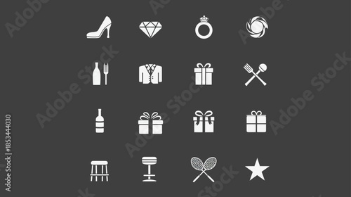 Elegant white vector icons set for luxury lifestyle, celebration, fashion, dining, and leisure activities on dark gray background. Modern flat design elements.
