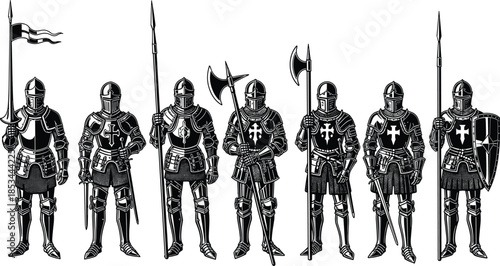 Detailed black and white medieval knights in full armor with weapons illustration, historical crusaders standing in a row, vintage engraving