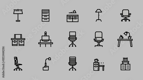 Outline Vector Icons Set of Office Furniture and Workplace Accessories for Business, Home Office, and Interior Design Elements