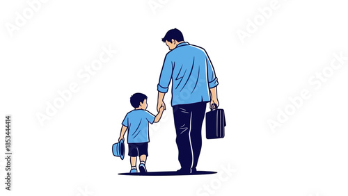 A father and son walking hand-in-hand, the father carrying a briefcase and the son holding a hat.