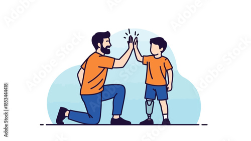 Father and son with prosthetic leg high-fiving, celebrating achievement and support.