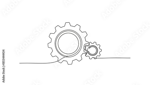 A continuous line drawing of two interlocking gears, symbolizing teamwork and mechanical connection.