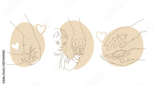 Three illustrations depicting hands holding a baby's hand, a child's face with a hand, and hands holding a coin.