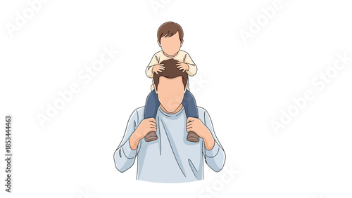 A father carrying his young child on his shoulders, isolated on a white background.